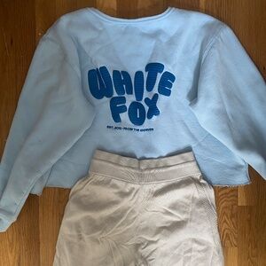 White fox crew neck and Lululemon lounge pants